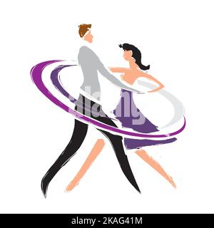 Ballerini da ballo, coppia. Disegno stilizzato con silhouette di coppia danzante. Imitazione del disegno a pennello. Vettore disponibile. Illustrazione Vettoriale