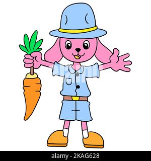 Un carino doodle personaggio cartone animato di un coniglietto contadino che tiene una carota isolato su uno sfondo bianco Illustrazione Vettoriale