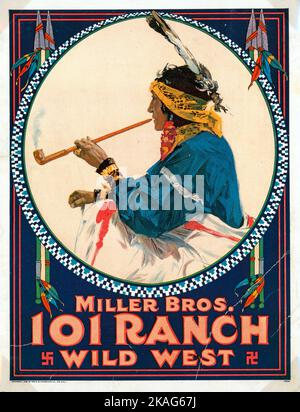 Circus poster che mostra un indiano fumando una pipa - Miller Bros. 101 ranch. Wild West - nativi americani 1909 Foto Stock