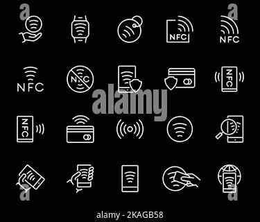 Set di icone di pagamento NFC. Pagamento wireless, comunicazione sul campo, NFC, pagamento senza contatto e altro ancora. Illustrazione Vettoriale
