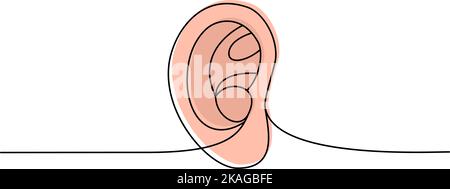 Orecchio umano disegno continuo a una linea colorata. Immagine a una linea colorata continua di organo umano. Illustrazione lineare vettoriale minimalista. Illustrazione Vettoriale
