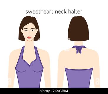 Sweetheart scollo hinter abiti carattere bella donna in viola top, camicia, abito tecnico di moda illustrazione con corpo adattato. Modello di abbigliamento piatto anteriore, posteriore. Donne, uomini unisex CAD mockup Illustrazione Vettoriale