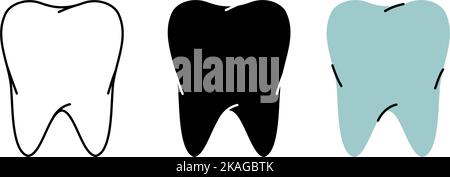 Set di simboli dei denti umani. Icone dei denti umani a colori, nere e sottili. Illustrazione vettoriale. Icone degli organi umani Illustrazione Vettoriale
