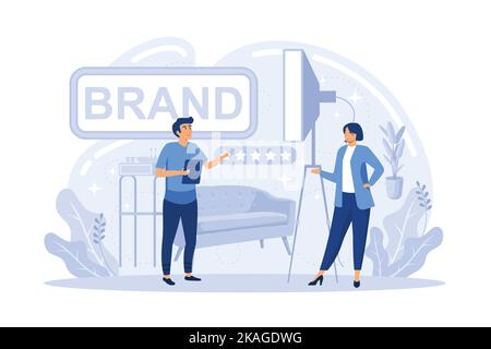 Concetto di creazione del marchio. Specialista marketing design presentazione aziendale unica e identità creativa. Il riconoscimento del marchio come parte del marketing st Illustrazione Vettoriale