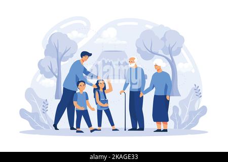 Felice grande famiglia in piedi insieme piatto vettore illustrazione. Nonna, nonno, mamma, papà, bambini, e pet. disegno piatto vettoriale moderno Illustrazione Vettoriale