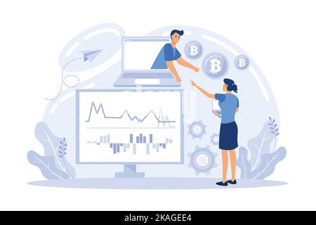 Bitcoin concetto vettore illustrazione di giovani che utilizzano il laptop e smartphone per il finanziamento online e fare investimenti per bitcoin e blockchain. Illustrazione Vettoriale