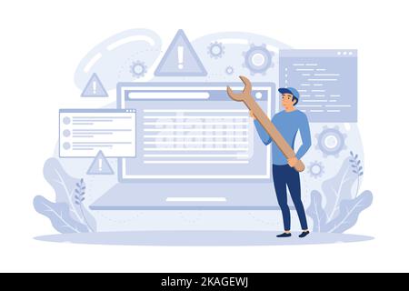 Computer e software laboratorio informatico, amministrazione di sistema, risoluzione dei problemi, tecnologia informatica, upkeeping di rete, sistema operativo flat vector m Illustrazione Vettoriale
