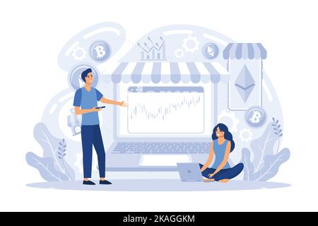 Piattaforma di scambio di criptovaluta, transazioni bitcoin, mercato di criptovaluta per lo scambio di Bitcoin e valute digitali che lavorano su laptop co Illustrazione Vettoriale