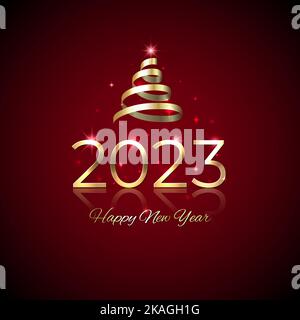 Anno nuovo 2023. Oro lucido 2023 con nastro su sfondo rosso. Design di Capodanno per inviti, biglietti d'auguri, calendario. Decorazione per eventi di festa. Lucido Illustrazione Vettoriale
