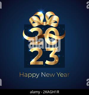 2023, 23 anno nuovo. Oro lucido 2023 a forma di scatola regalo con nastro, arco su sfondo scuro. Biglietto d'auguri per le festività. Nuovo anno di design per invito Illustrazione Vettoriale
