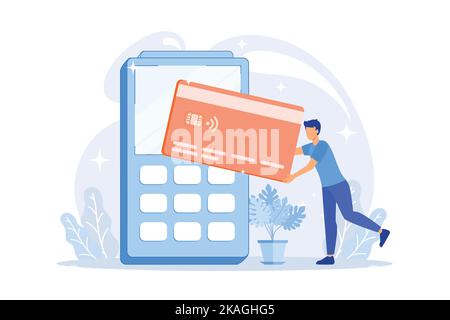 Operazioni finanziarie, operazioni monetarie. Opzioni di pagamento, pagamento in contanti e senza contanti, senza contatto. Carta di credito acquisto idea elemento di design. Illustrazione Vettoriale