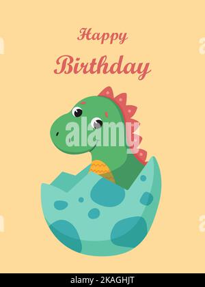 Carino dinosauro cartone animato. Dinosauro neonato. Uovo di dinosauro. Illustrazione del vettore piatto. Cartolina vettoriale. Illustrazione Vettoriale