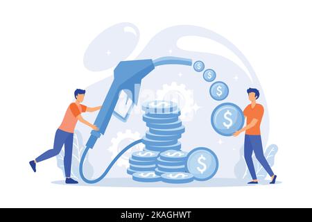 Industria di raffinazione del petrolio, commercio di benzina, azienda di combustibile. Distributore di benzina, ricezione di denaro dalla vendita di benzina, metafora dei ricavi petroliferi. lat vector mod Illustrazione Vettoriale