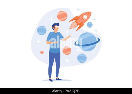Esplorazione dello spazio in realtà virtuale. Tecnologia formativa innovativa, intrattenimento moderno, esperienza immersiva. Visore uomo in VR per osservare il cosmo. fl Illustrazione Vettoriale