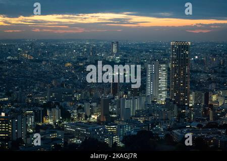 Tokyo, Giappone. 2nd Nov 2022. Una vista Bladerunner-esque del tramonto serale su Meguro, Tokyo. Skyline urbano, sci-fi, Giappone, megacity.Japan ha recentemente riaperto al turismo dopo oltre due anni di divieti di viaggio a causa della pandemia COVID-19. Lo Yen si è notevolmente deprezzato nei confronti del dollaro USA, creando turbolenze economiche per il commercio internazionale e l'economia giapponese. I turisti possono fare acquisti senza tasse in Giappone con un visto temporaneo. (Credit Image: © Taidgh Barron/ZUMA Press Wire) Foto Stock