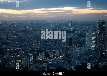 Tokyo, Giappone. 2nd Nov 2022. Una vista Bladerunner-esque del tramonto serale su Meguro, Tokyo. Skyline urbano, sci-fi, Giappone, megacity.Japan ha recentemente riaperto al turismo dopo oltre due anni di divieti di viaggio a causa della pandemia COVID-19. Lo Yen si è notevolmente deprezzato nei confronti del dollaro USA, creando turbolenze economiche per il commercio internazionale e l'economia giapponese. I turisti possono fare acquisti senza tasse in Giappone con un visto temporaneo. (Credit Image: © Taidgh Barron/ZUMA Press Wire) Foto Stock