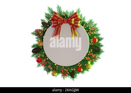 3D Illustrazione , rendering 3D . Decorazione di Natale isolato. Bordo di festa, cornice. Bacche d'agrifoglio rosso su rami di pino. Per striscioni di celebrazione, Foto Stock