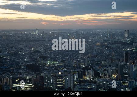 Tokyo, Giappone. 2nd Nov 2022. Lo skyline di Tokyo di Setagaya e del Monte Fuji in tarda serata. Skyline urbano, sci-fi, Giappone, megacity.Japan ha recentemente riaperto al turismo dopo oltre due anni di divieti di viaggio a causa della pandemia COVID-19. Lo Yen si è notevolmente deprezzato nei confronti del dollaro USA, creando turbolenze economiche per il commercio internazionale e l'economia giapponese. I turisti possono fare acquisti senza tasse in Giappone con un visto temporaneo. (Credit Image: © Taidgh Barron/ZUMA Press Wire) Foto Stock