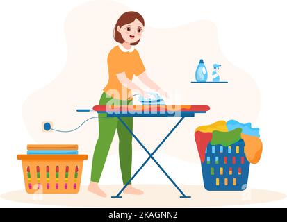 Lavaggio a secco Servizio di magazzino con lavatrici, asciugatrici e lavanderia per l'abbigliamento pulito in Cartoon piano modelli disegnati a mano Illustrazione Illustrazione Vettoriale