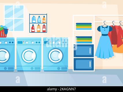 Lavaggio a secco Servizio di magazzino con lavatrici, asciugatrici e lavanderia per l'abbigliamento pulito in Cartoon piano modelli disegnati a mano Illustrazione Illustrazione Vettoriale