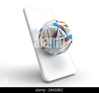 Cellulare con la Coppa del mondo fifa qatar 2022. Sfondo isolato. illustrazione del rendering 3d. Foto Stock