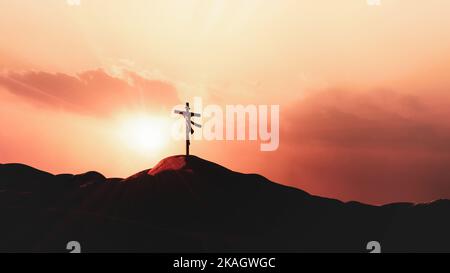 Il cielo del tramonto sulla collina del Golgota è tinto rosso sangue e i tessuti sbattono sulla Santa croce, simboleggiando la morte e la risurrezione di Gesù Cristo. Foto Stock