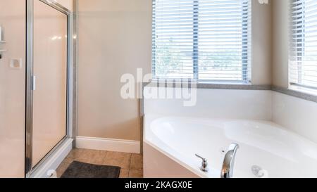 Panorama interno bagno con vasca ad angolo e box doccia con telaio in vetro e alluminio. C'è un rubinetto montato sul ponte presso la vasca vicino al vento Foto Stock