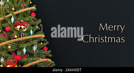 Albero di Natale con Baubles su sfondo nero con buon testo di Natale, rendering 3D, illustrazione 3D Foto Stock