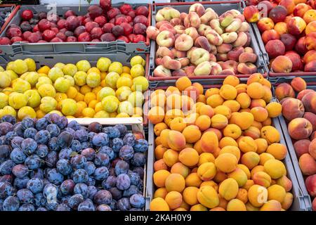 Prugne e pesche in vendita sul mercato Foto Stock