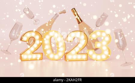 Rendering creativo 3D del biglietto d'auguri di Capodanno con segnaletica a 2023 lampadine posizionate sulla superficie rosa con immagini di bottiglia di champagne e bicchieri Foto Stock