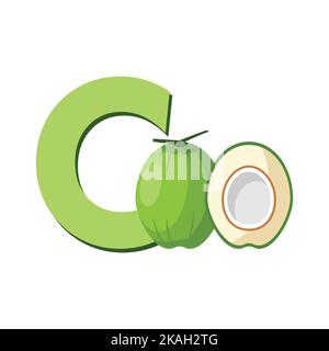 Lettera C Alphabet frutta cocco, clip Art Vector, Illustrazione isolato su uno sfondo bianco Illustrazione Vettoriale