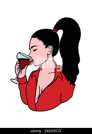 Donna che beve vino rosso. Illustrazione Vettoriale