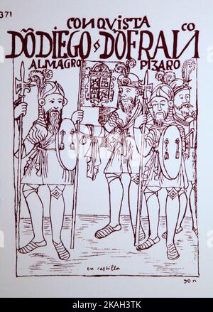 371.The Conquistadores Don Diego de Almagro e Don Francisco Pizarro.di Felipe Guamán Poma de Ayala (1535-1616).Guamán Poma racconta la storia di come la spagna costruì il più esteso impero coloniale nel "nuovo mondo" e conquistò da una prospettiva andina, in particolare il maltrattamento dei nativi delle Ande da parte degli spagnoli, chiamato Nueva corónica y buen gobierno. Guaman Foto Stock