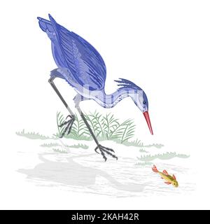 Vettore di caccia al pesce di Heron Illustrazione senza gradienti Illustrazione Vettoriale