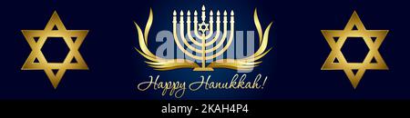 Happy Hanukkah, menorah d'oro per banner sui social media. Biglietto d'auguri per la festa ebraica Hanukka con le tradizionali candele e stella di menorah simbolo Chanukah Illustrazione Vettoriale