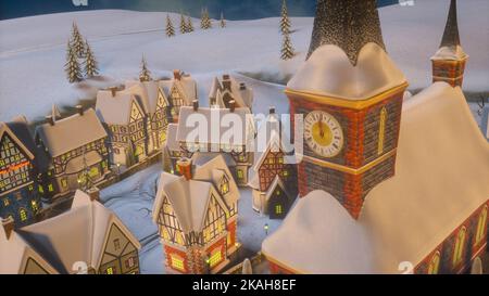 Buon Natale e felice anno nuovo 3D rendering. Città europea con l'albero di natale illuminato all'aperto sulla sua piazza e le case in inverno nevicata Foto Stock