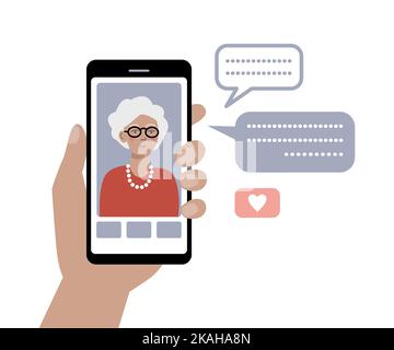 Donna anziana su smartphone. Videochiamata con nonna. Anziani che utilizzano la tecnologia moderna. Illustrazione Vettoriale
