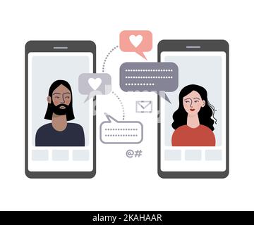 applicazione, bolla, chiamata, cellulare, chat, comunicazione, concetto, connessione, connessione, conversazione, coppia, datazione, disegno, digitale, discussione, di Illustrazione Vettoriale