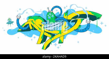 Trendy Abstract Word Mals stile Graffiti Font lettering con Alien pilotare Una Spaceship Saucer volante Illustrazione Vettoriale
