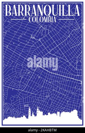 Carta blu vintage stampata a mano strade rete del centro di BARRANQUILLA, COLOMBIA con evidenziato skyline della città e scritte Illustrazione Vettoriale