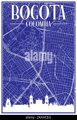 Carta blu vintage stampata a mano per la rete stradale del centro di BOGOTA, COLOMBIA, con lo skyline della città evidenziato e scritte Illustrazione Vettoriale