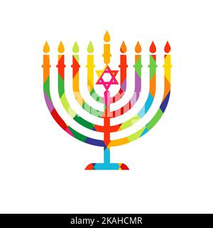 Menorah Hanukkah, emblema colorato in vetro colorato con stella David. Festa ebraica - Happy Hanukka biglietto di auguri con tradizionale Chanukah colorato simbolo Illustrazione Vettoriale