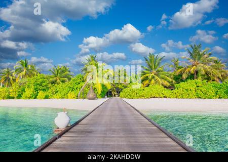 Idilliaco paesaggio tropicale spiaggia per sfondo o carta da parati. Progettazione di turismo per vacanze estive destinazione. Maldive spiaggia pano Foto Stock