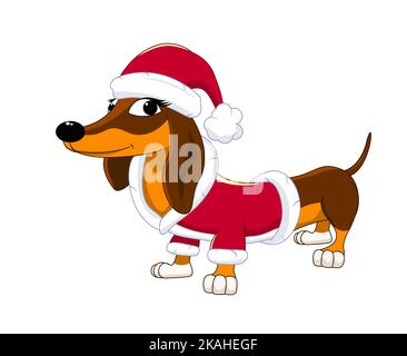 Carino cane fumetto dachshund vestito in un cappello e costume di Santa. Cane su sfondo bianco. Illustrazione Vettoriale