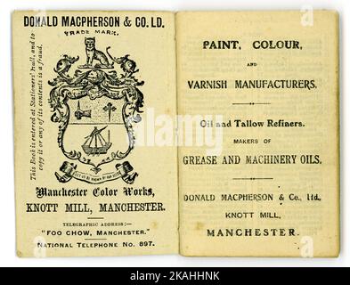 Pagina interna originale di Diary di Donald Macpherson & Co. Ltd Produttori di vernici ad olio colori e vernici, Knott Mill, Manchester, Regno Unito datato 1909.