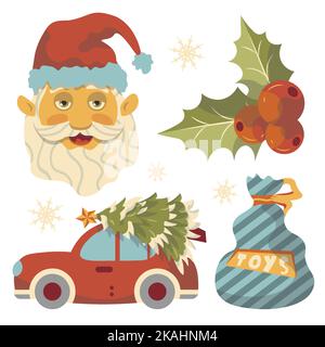 set di illustrazioni vettoriali anno nuovo natale babbo natale con giocattoli auto con albero di natale Illustrazione Vettoriale
