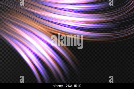 Linee curve lisce con un effetto luminoso magico.forma luminosa al neon a forma di onda o di svolta in strada.alta velocità su auto sentieri notturni. Illustrazione Vettoriale