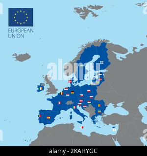 Mappa dell'Unione europea con frontiere e bandiere dei paesi membri, illustrazione vettoriale Illustrazione Vettoriale
