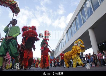 Una danza di drago e leoni si esibisce in un centro commerciale a Pasay City, Filippine, il Capodanno cinese, 8 febbraio 2016. Una vacanza nelle Filippine, la gente festeggia il nuovo anno nei centri commerciali e a Chinatown Binondo mangiando in autentici ristoranti cinesi, comprando il fascino fortunato e guardando drago e leoni ballare mentre danno il benvenuto all'anno della scimmia. (Foto di Marlo Cueto/NurPhoto) *** Please use Credit from Credit Field *** Foto Stock