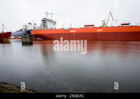 DANZICA,13 aprile 2016 - negli ultimi anni la Polonia ha effettuato investimenti significativi nel settore energetico. La società energetica statale PERN ha recentemente aperto un terminal petrolifero nella città portuale di Danzica che dovrebbe contribuire a garantire la sicurezza energetica del paese. La Polonia dipende tradizionalmente dall’energia a carbone, ma è stata messa sotto pressione dall’UE per porre fine alla dipendenza dall’inquinamento da fonti energetiche pesanti. (Foto di Jaap Arriens/NurPhoto) *** Please use Credit from Credit Field *** Foto Stock